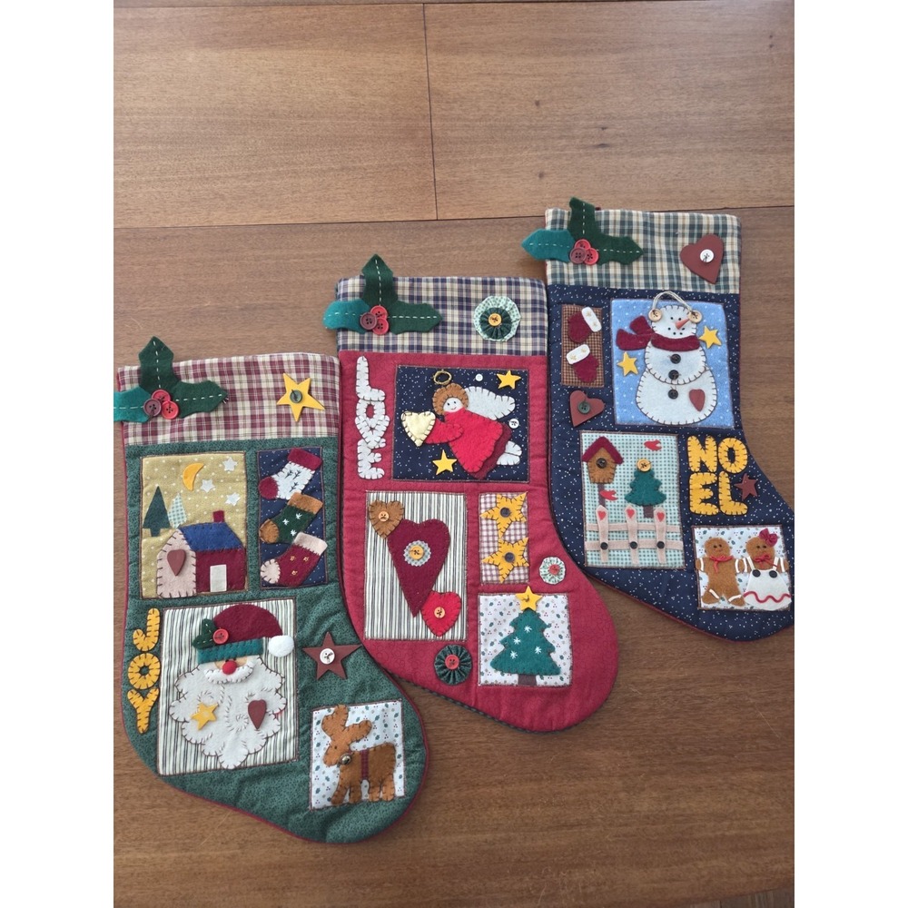 Three Country Crafts Christmas Stockings Set Of 3 Puffy 3D Noel Love Joy